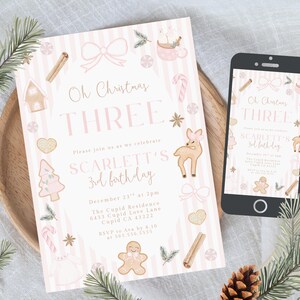 Christmas Pink Girl Third Birthday Invitation, Oh Christmas Three, Gingerbread Christmas Birthday Download Coquette Bows Whimsical 031GN image 2