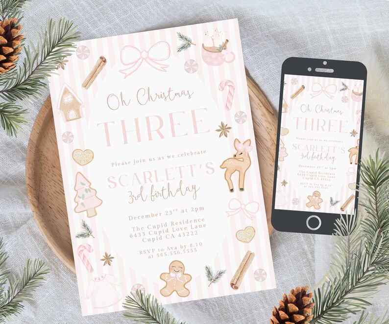 Christmas Pink Girl Third Birthday Invitation, Oh Christmas Three, Gingerbread Christmas Birthday Download Coquette Bows Whimsical 031GN image 2