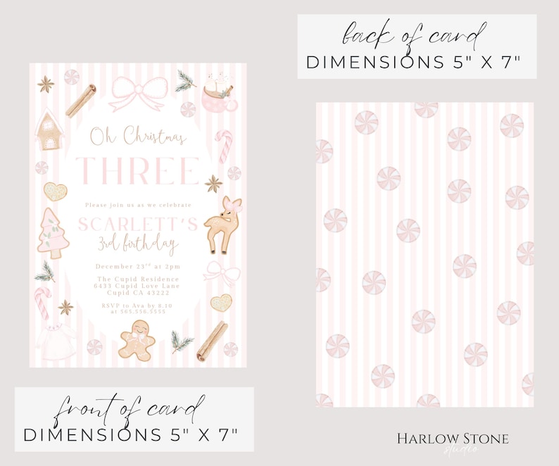 Christmas Pink Girl Third Birthday Invitation, Oh Christmas Three, Gingerbread Christmas Birthday Download Coquette Bows Whimsical 031GN image 3