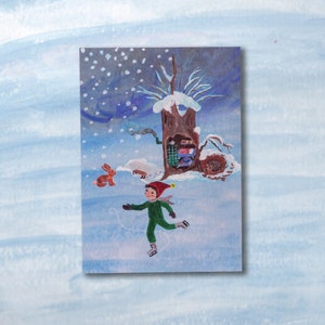 Winterpostkarte | Wichtel | Schlittschuh | Igel | Weihnachten | Schnee