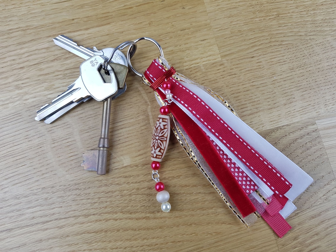 Flower Ribbon Tassel keychain with beads charm Handmade in Etsy