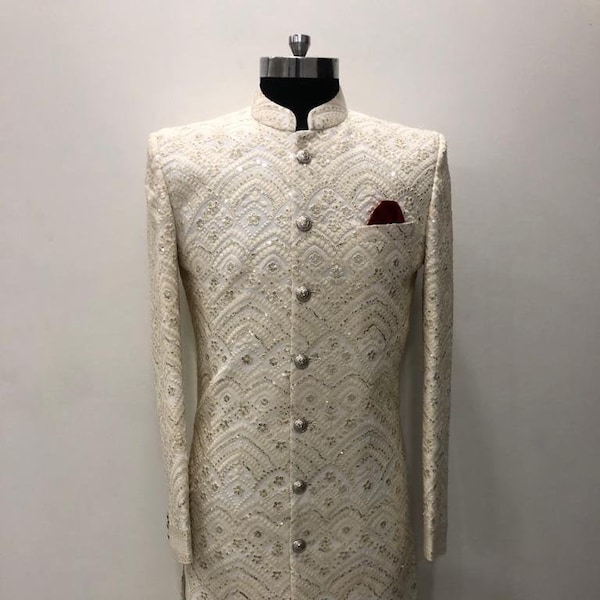 Handmade Mens Wedding Wear Chikankari Sherwani | Sherwani For Men | Mens Wedding Outfit | Indian Wedding Wear| Kurta Pajama For Men