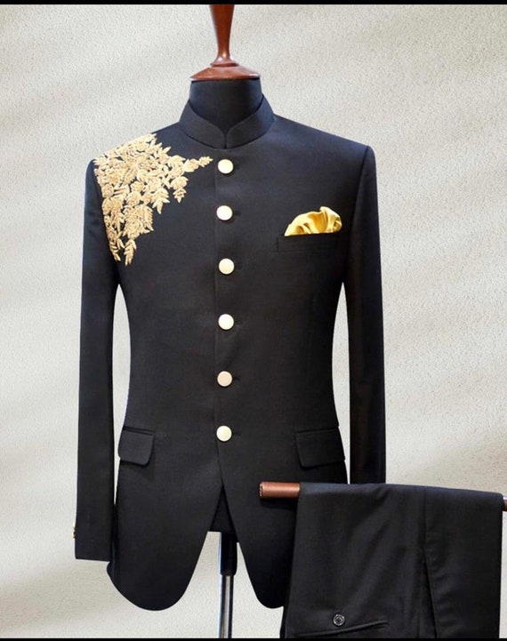 Embroidered Terry Rayon Jodhpuri Suit in Navy Blue : MUY406