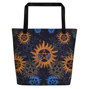 Sunburst Pentacle Supernatural Beach bag 16x20 inches Tote with inside pocket Anti-Possession Neon Pentacle Pentagram