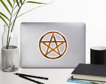 Pentacle Wood Carved Laptop decal Wiccan Bubble Free Sticker Pagan Vinyl decal Encircled Pentagram Protection Celtic Witchy Art