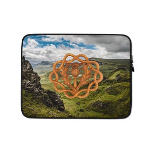 Scottish Thistle in Eternal Braid Laptop Sleeve Scotland Highlands MacBook Protector Scottish Heritage Symbol Celtic Knot Flower Case