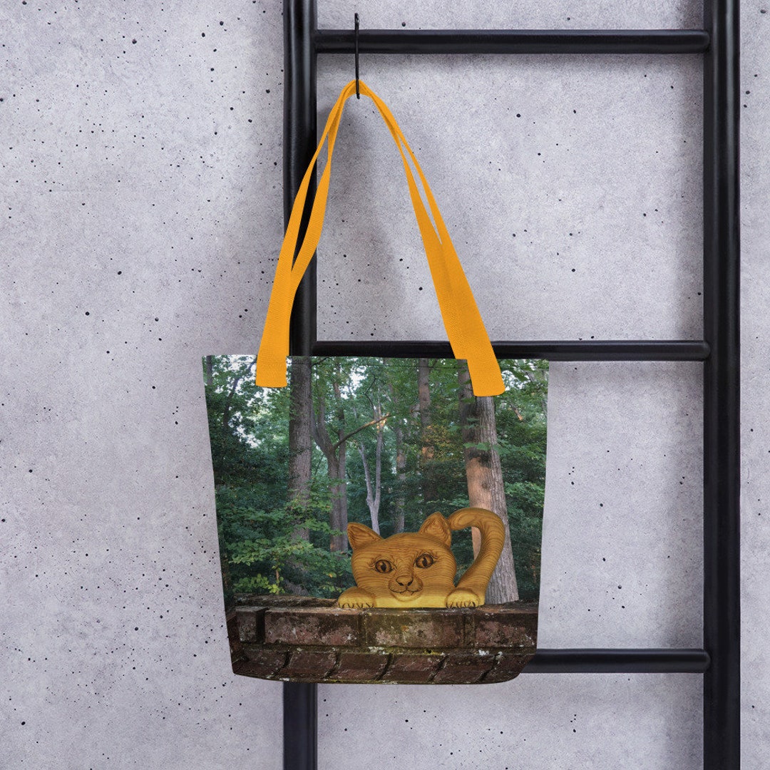 Wood Carved Cat on Brick Wall Tote Bag Curious Kitten Bag - Etsy