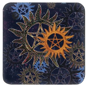 May include: A dark blue background with a repeating pattern of gold and blue five-pointed stars. The stars are arranged in a circular pattern, with the gold stars in the centre and the blue stars on the outside.