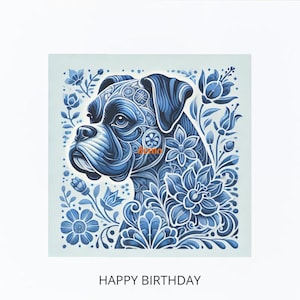 Tarjeta de feliz cumpleaños perro Boxer Delft azul arte