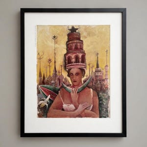 May include: Framed watercolor painting featuring a woman with a tower-shaped headdress and a cityscape backdrop. The artwork includes a watermelon slice and a banana. The color palette is dominated by warm yellows, reds, and greens.
