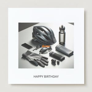 Carte de vœux joyeux anniversaire, attributs du vélo de course