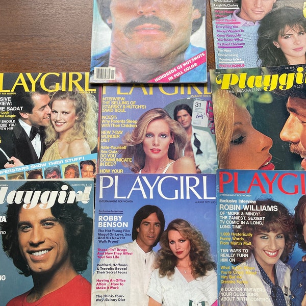 revistas antiguas Playgirl de los años 70, John Travolta, Robin Wiliams.