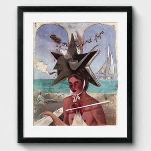 May include: Framed artwork featuring a surrealist painting. A person with a star-shaped hat and a pipe is depicted. The painting includes a heart pierced by an arrow, a beach scene, and the text "Ceci n'est une pipe."