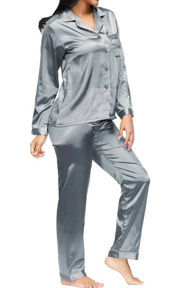 Grey satin pajama set new arrivals