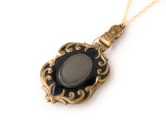 Black Enamel Mourning Jewelry, Victorian Hair Brooch Conversion Watch Clip Necklace, Antique Gold Filled Sentimental Remembrance Memorial