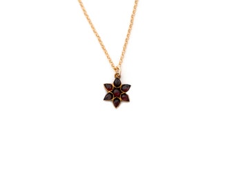 Antique Star Necklace, Victorian Bohemian Red Garnet Gilt Metal on Gold Filled Chain, January Birthday Birthstone Gift for Daughter Sister
