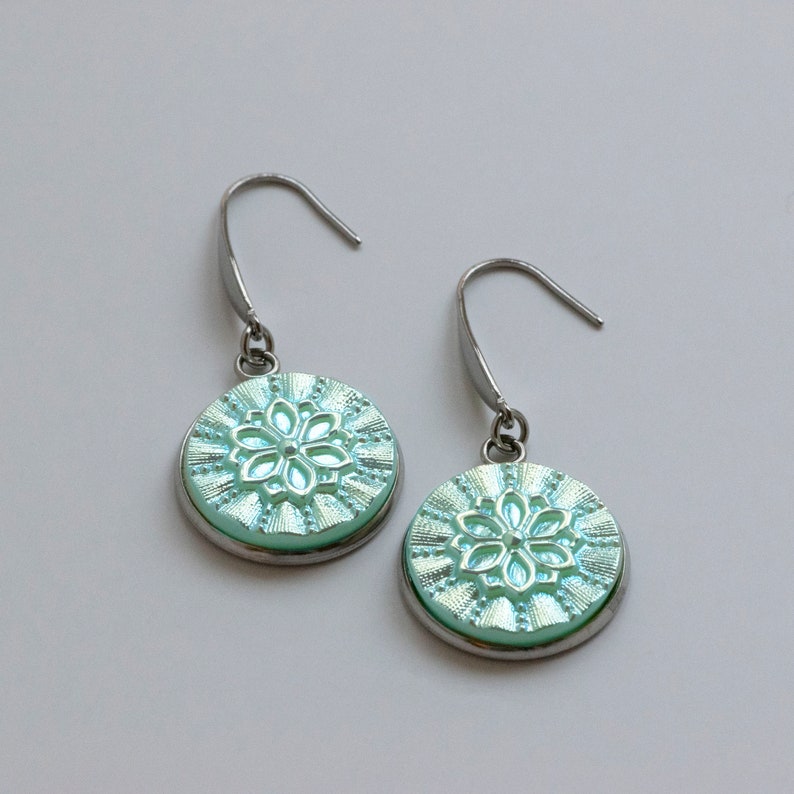 Iridescent Seafoam Blue Green Floral Flower Czech Glass Button Earrings Glass Button Drop Earrings 18mm Buttons Dangle Earrings