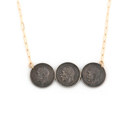 King George Coin Bar Pin Necklace, Edwardian Sterl