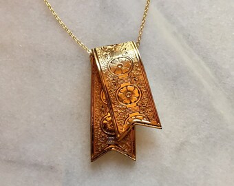 Repurposed Antique Victorian Fur Clip Ribbon Necklace, Gold filled, Black Enamel