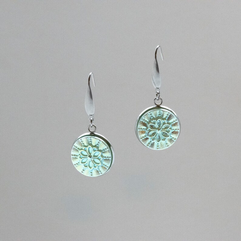 Iridescent Seafoam Blue Green Floral Flower Czech Glass Button Earrings Glass Button Drop Earrings 18mm Buttons Dangle Earrings