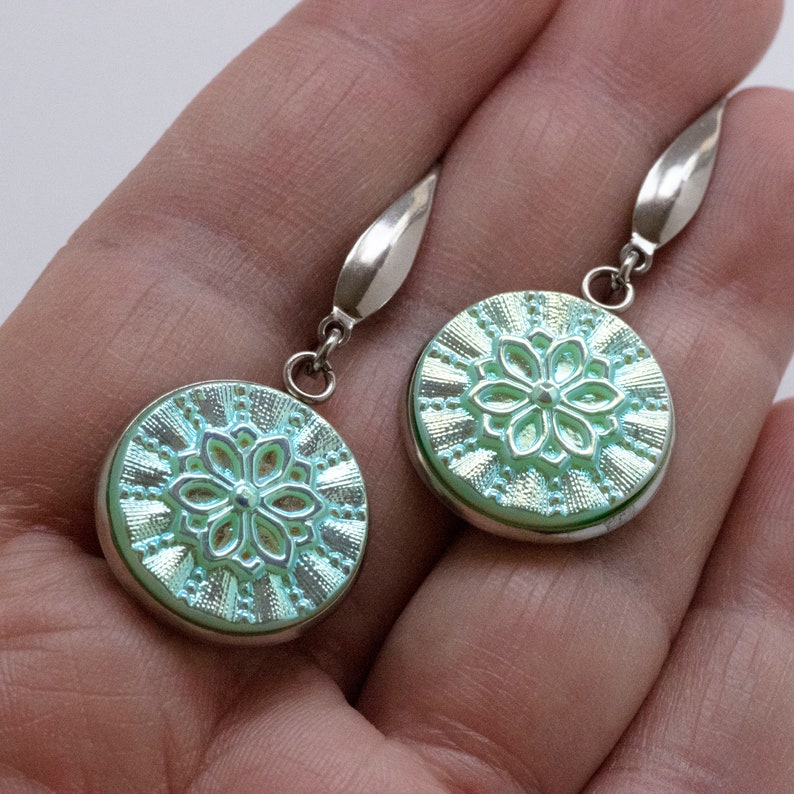 Iridescent Seafoam Blue Green Floral Flower Czech Glass Button Earrings Glass Button Drop Earrings 18mm Buttons Dangle Earrings