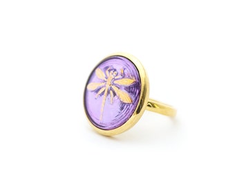 Dragonfly Button Ring, Purple and Gold Dragonfly Czech Glass Button Vermeil Ring Gold Over Sterling Size 7 Ring Insect Bug Nature Lover Gift