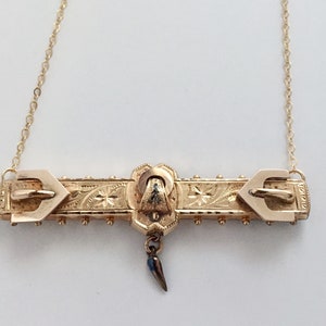 Antique Victorian Double Buckle Dangle Enamel Bar Pin Necklace Gold Filled Sentimental Jewelry with Meaning Love Friendship Eternity Loyalty