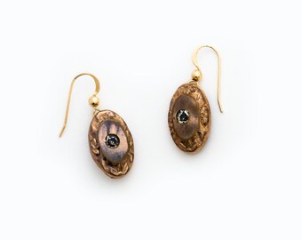 Clear Paste Victorian Cufflink Earrings, Antique Gold Filled Repurposed Upcycled Vintage Dangle Drop Earrings, Cuff Link Conversion Jewelry