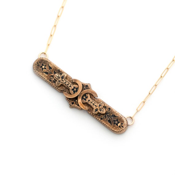 Back to Back CC Antique Bar Necklace, Gold Filled… - image 2