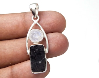 Colgante de plata de ley 925 con piedra lunar rosa y turmalina negra