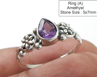 Pear Amethyst Ring: Floral Sterling Silver Band (5x7mm)