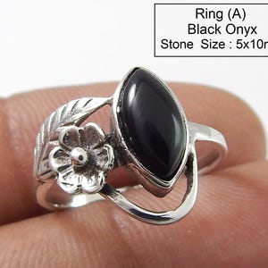 Bague marquise en argent sterling et onyx noir : Bijoux en forme de feuille