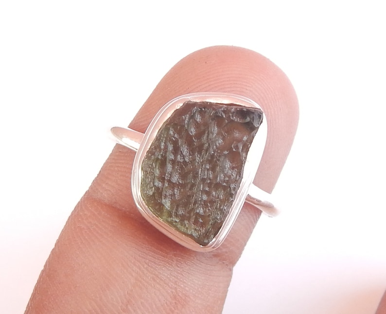 Size 8 US. Rough Moldavite 925 Sterling Silver Ring Light Weight Moldavite Ring SALE Moldavite Meteorite Ring Natural Moldavite Ring