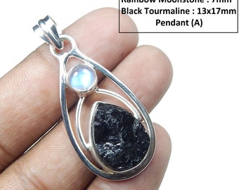 Colgante de turmalina negra y piedra lunar arcoíris: cabujón de plata de ley