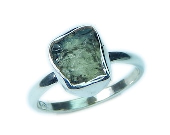 Natural Rough Moldavite Meteorite Light Weight 925 Sterling Silver Handmade Simple Ring.