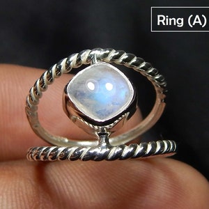 6mm Cushion Shape Blue Fire Rainbow Moonstone Ring, 925 Sterling Silver Wired Band Ring Jewelry, Gift For Silver Ring.