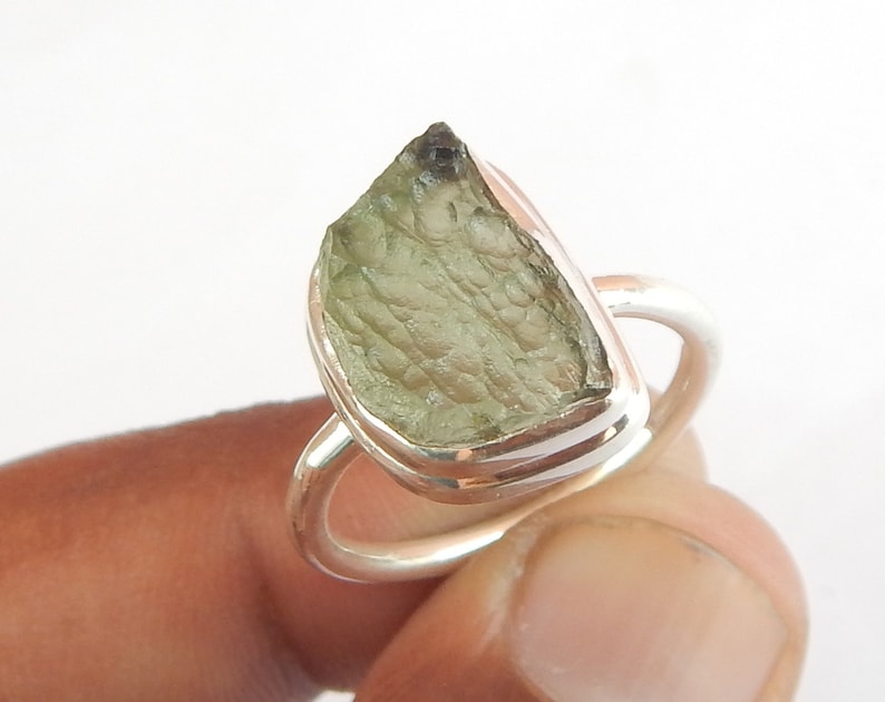 Size 8 US. Rough Moldavite 925 Sterling Silver Ring Light Weight Moldavite Ring SALE Moldavite Meteorite Ring Natural Moldavite Ring
