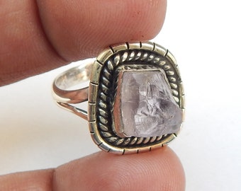 Anillo de kunzita rosa en bruto, plata de ley 925, estilo bohemio
