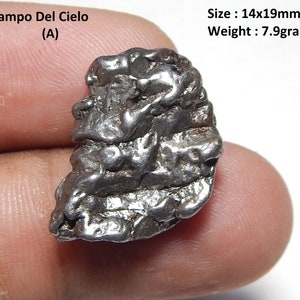 May include: A Campo Del Cielo (A) meteorite, a dark grey, metallic rock with a rough, textured surface. It measures 14mm by 19mm and weighs 7.9 grams.