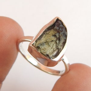 Natural Rough Moldavite Meteorite Gemstone 925 Stamp Sterling Silver Light Weight Ring Jewelry. SALE