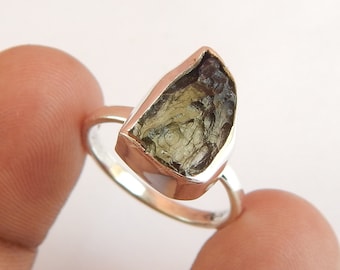 Rough Moldavite Ring: 925 Sterling Silver Meteorite Gemstone