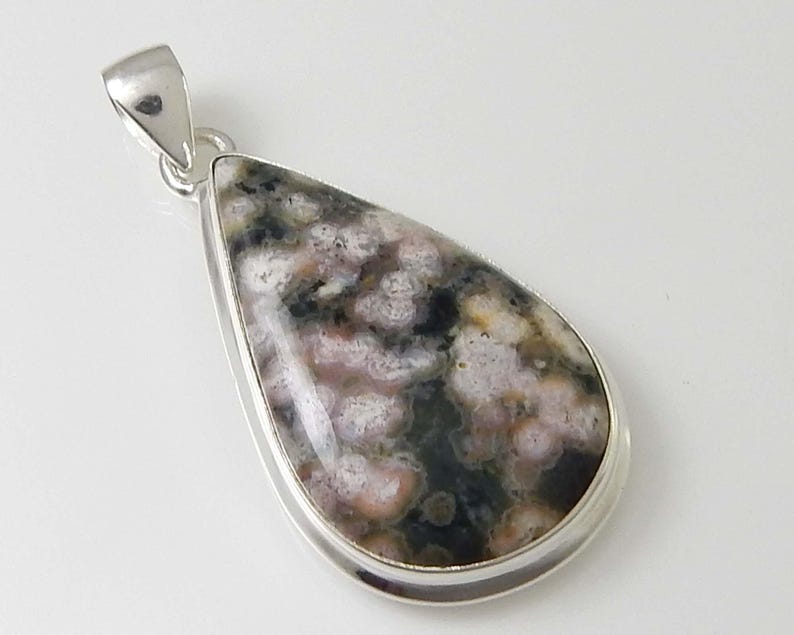 Ocean Jasper Pendant, 18x32mm Pear Shape Cabochon Gemstone 925 Stamp