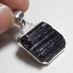 Natural Rough Black Tourmaline Stone Handmade 925 Sterling Silver Pendant Jewelry.