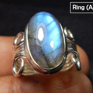 9x17mm Oval Capsule Shape Cabochon Blue Fire Labradorite Gemstone Ring, 925 Stamp Sterling Silver Designer Wired Band Ring.