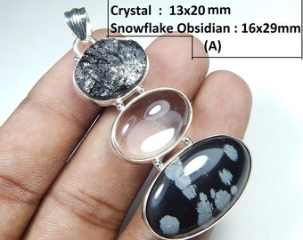Sterling Silver Black Tourmaline, Crystal & Snowflake Obsidian Pendant