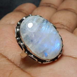 Big Oval 15x21mm Blue Fire Natural AAA Quality Rainbow Moonstone 925 Sterling Silver Designer Handmade Ring.