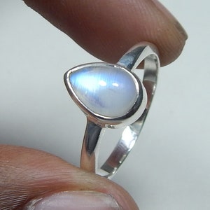 Natural 6x9mm Pear Shape Blue Fire Rainbow Moonstone Silver Ring. Light Weight Rainbow Moonstone Handmade Ring.
