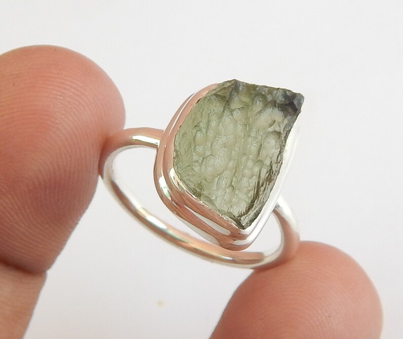 Size 8 US. Rough Moldavite 925 Sterling Silver Ring Light Weight Moldavite Ring SALE Moldavite Meteorite Ring Natural Moldavite Ring