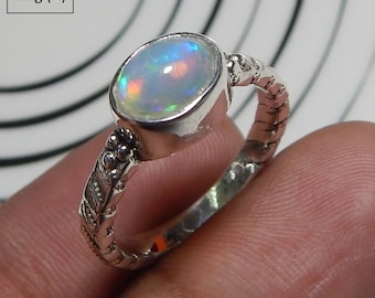 Ethiopian Opal Ring: Sterling Silver Handcrafted Band - Multi Color Gemstone