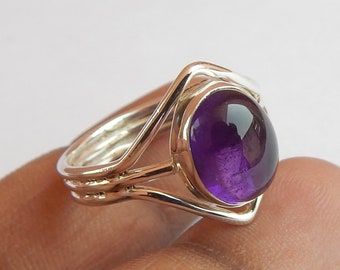 Amethyst Ring, Cabochon Amethyst Ring, Oval Amethyst Ring, Wired Design Amethyst Ring, Amethyst Birthstone Sterling Silver Ring Jewelry.